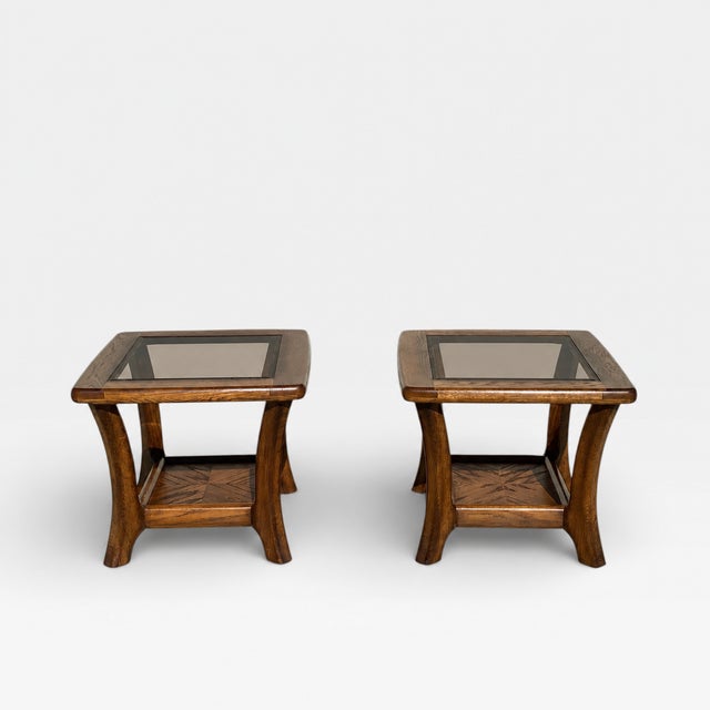 Pair of Late Mid-Century Oak Side Tables With Smoked Glass Tops, Mid-Century Modern, 1970s For Sale - Image 9 of 18