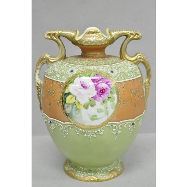 Antique Nippon Hand Painted Porcelain Green Moriage Twin Handle Portrait Vase For Sale - Image 12 of 17
