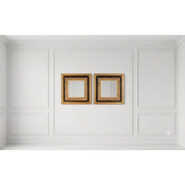 Pair of Vintage 11” X 11” Giltwood Accent Wall Mirrors With Carved Geometric Frames For Sale - Image 9 of 9