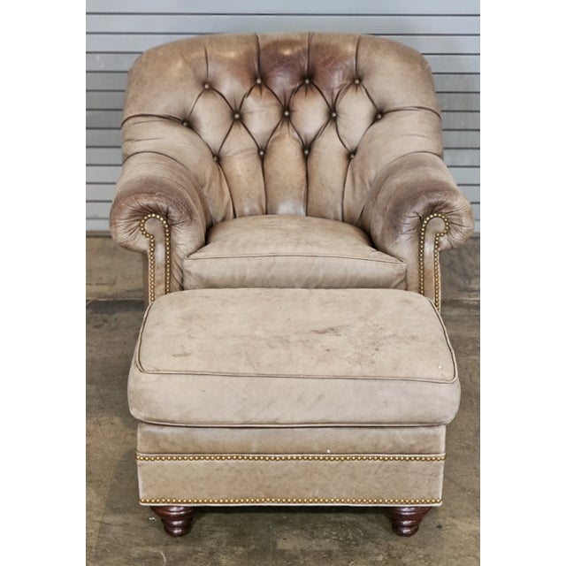 Store Item: Hancock & Moore Tufted Tan Leather Club Chair Arm Chair w Match Ottoman Description: Chair features high...