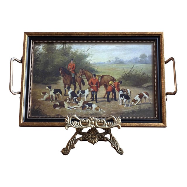 Hunt Scene Glass Tray W/Brass Handles For Sale