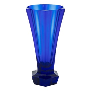 Moser Bohemian Faceted Cobalt Blue Glass Vase For Sale