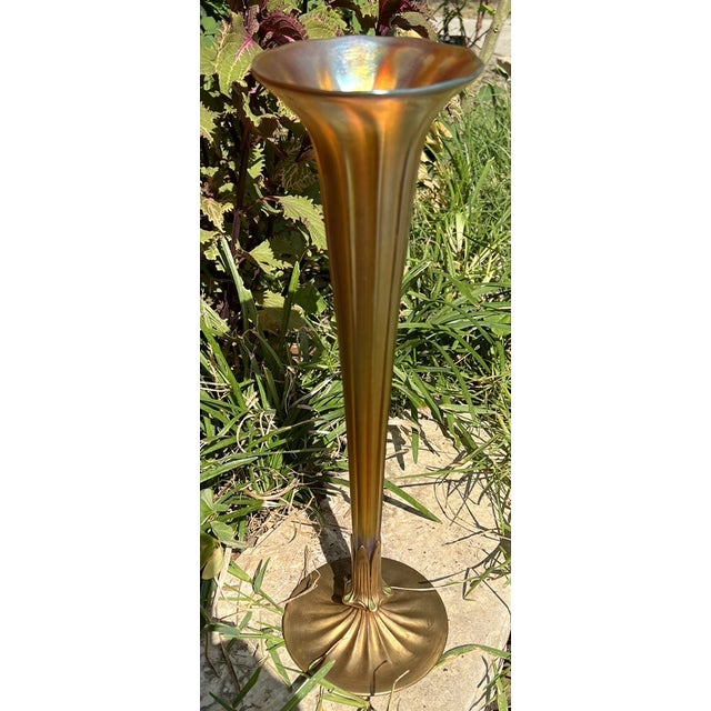 Antique 18" l.c. Tiffany Favrile Iridescent Trumpet Vase With Tiffany Furnaces Bronze Base For Sale - Image 9 of 12
