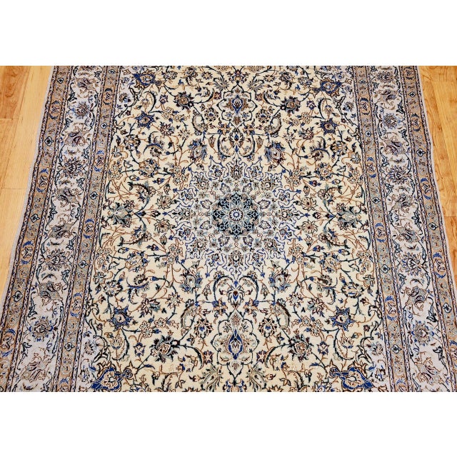Vintage Persian Nain Area Rug, Hand-Knotted Wool & Silk, Floral Pattern, 5x7, Ivory & Blue For Sale - Image 10 of 16