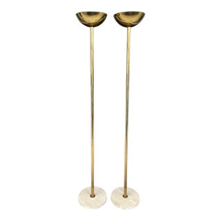 Pair of Travertine & Brass Torchiere in the Style of J. Grange - Italy 1980s For Sale