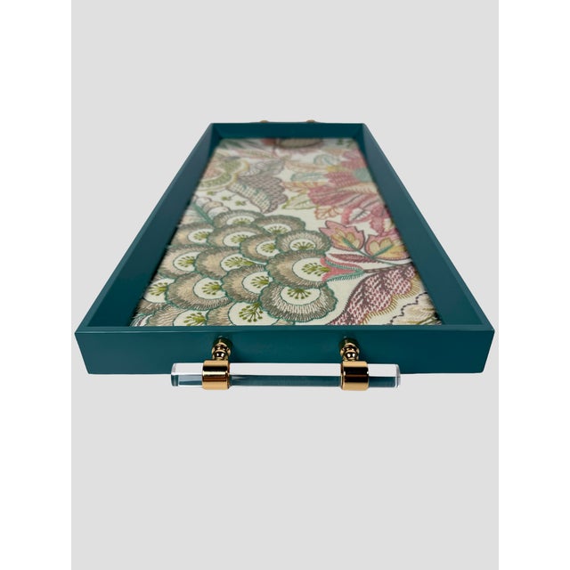Traditional Custom Tray Lee Jofa Embroidered Linen Teal For Sale - Image 3 of 11