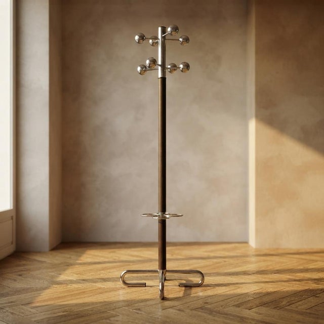 Vintage Coat Rack with Umbrella Stand in Chrome-Plated Metal and Wood, 1940s For Sale - Image 9 of 9