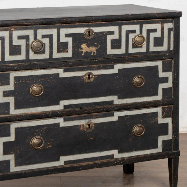 19th Century Swedish Black Chest of Three Drawers With Greek Key For Sale - Image 9 of 12