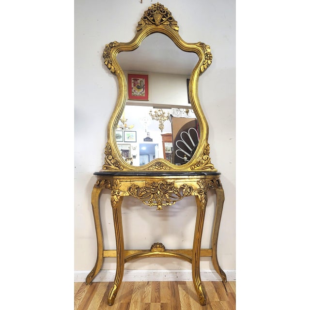 Vintage Rococo French Style 20th C Gilt Carved Wood Marble Console Table & Mirror For Sale - Image 12 of 15