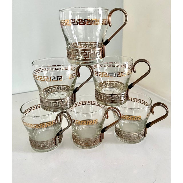 Glasses in Copper Holder with Greek Key Details - Set of 6 For Sale - Image 9 of 13