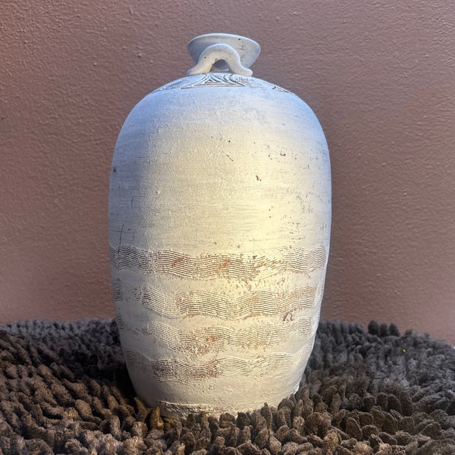 Vintage 13" Incised White Terracotta Amphora Urn - Heavy Studio Pottery For Sale - Image 4 of 12