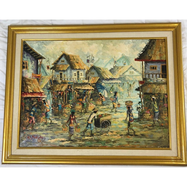 Wonderful vintage A.D. Muklas original signed Indonesian oil street painting. Framed in gold wood frame. Signed by artist....