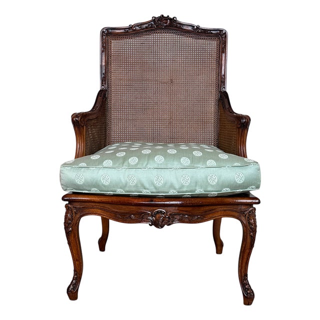 Vintage Louis XV Style Caned Bergère Walnut Chair For Sale