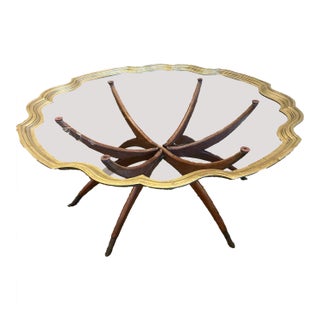 1950s Scalloped Brass Hollywood Regency Table on Splayed Wood Stand For Sale