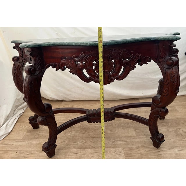 Vintage Victorian Rococo Revival Console Table Carved Mahogany, Green Marble Top For Sale - Image 9 of 13