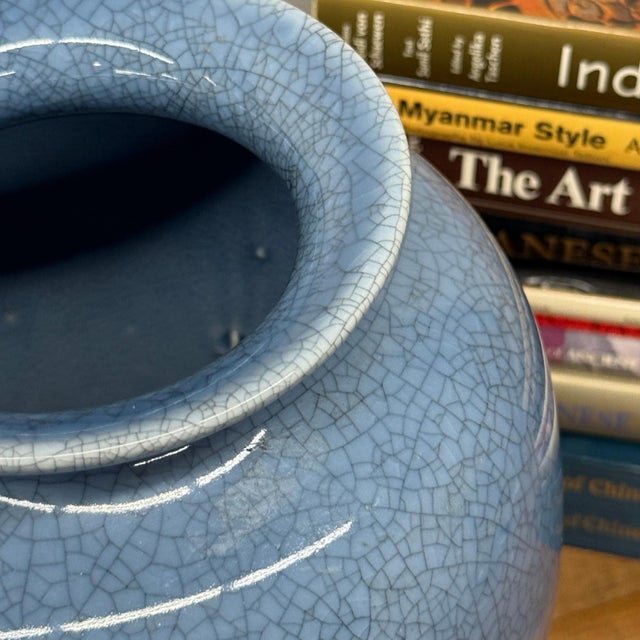 Rustic Blue Crackle Ceramic Glazed Vase with Round Belly For Sale - Image 3 of 7