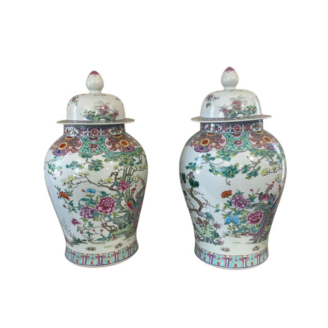 Vintage Lg Chinoiserie Famille Rose Porcelain Ginger Jars 26" H Pair For Sale - Image 10 of 11