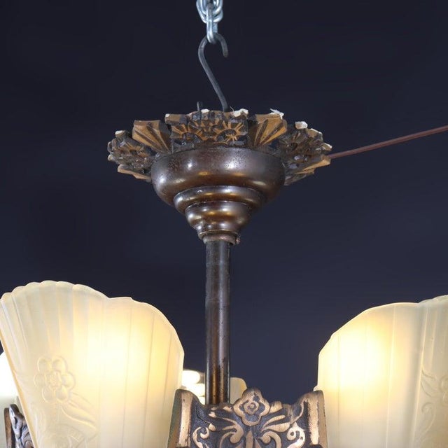 1920s Art Deco 5-Light Bronze Finish Hanging Lamp With Stylized Fans C1920 For Sale - Image 12 of 14