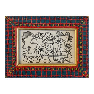 1980’s Original Vintage Wayne Cunningham Abstract Ink Drawing Artist Painted Frame For Sale