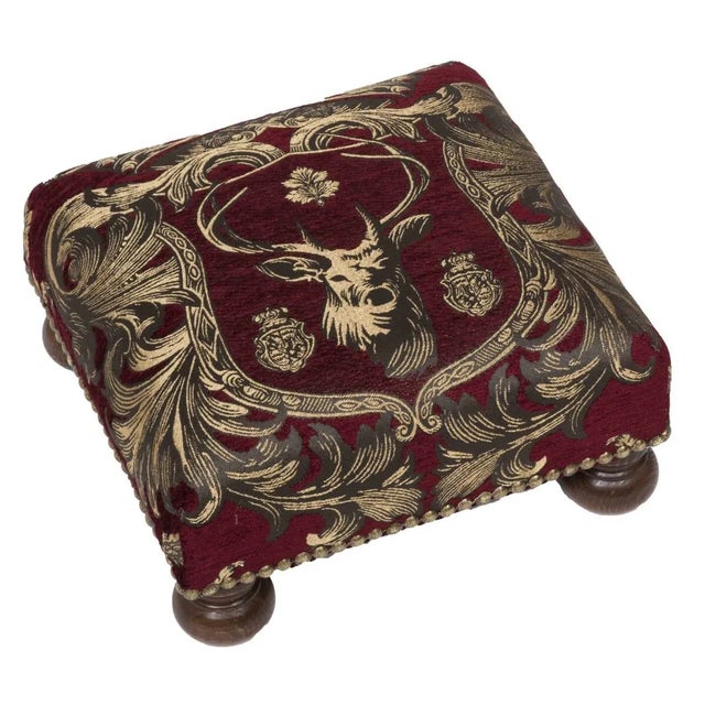00 Regal Stag Red Tapestry Footstool For Sale - Image 4 of 4