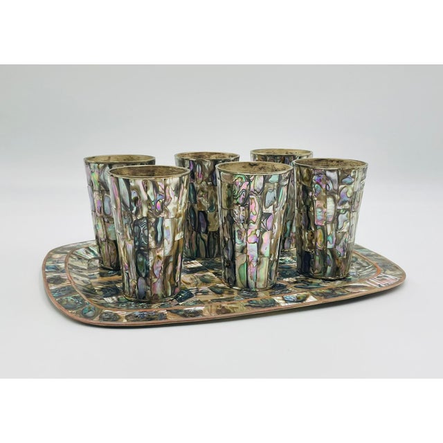 1950s 1950s Mexican Brass & Abalone Shell Tray With Five Alpaca Tumblers, Signed LMG For Sale - Image 5 of 18