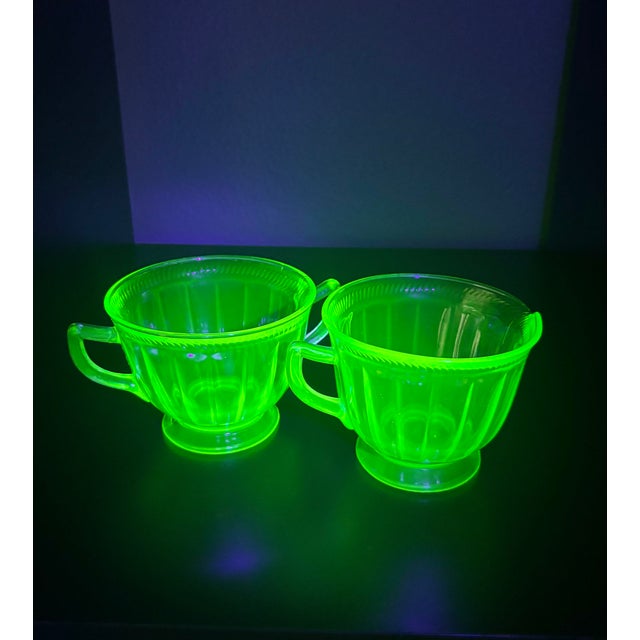 Glass Early 20th Century Handblown Green Fluorescent Glass-Art Sugar & Creamer- 2 Pieces For Sale - Image 7 of 8