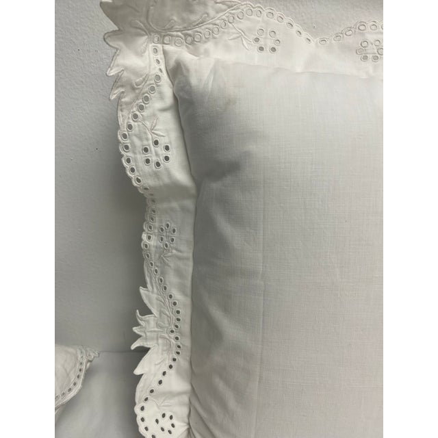 Antique European breakfast pillow with 2" hand embroidered border. Hand covered buttons. Inserts included.