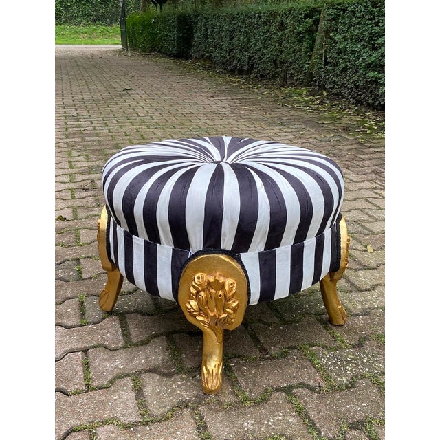 French 1990s French Louis XVI Gilded Ottoman Bench in Black & White Striped Velvet, Refinished For Sale - Image 3 of 10