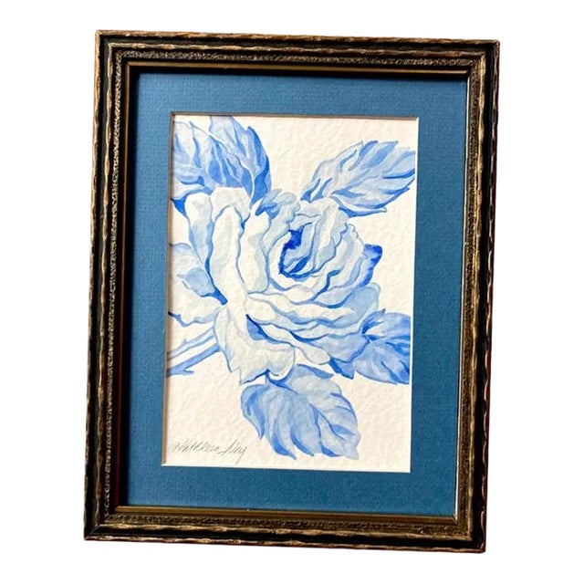 Orignal Watercolor Painting of a Chintz Style Rose, Vintage Frame, Blue and White, For Sale