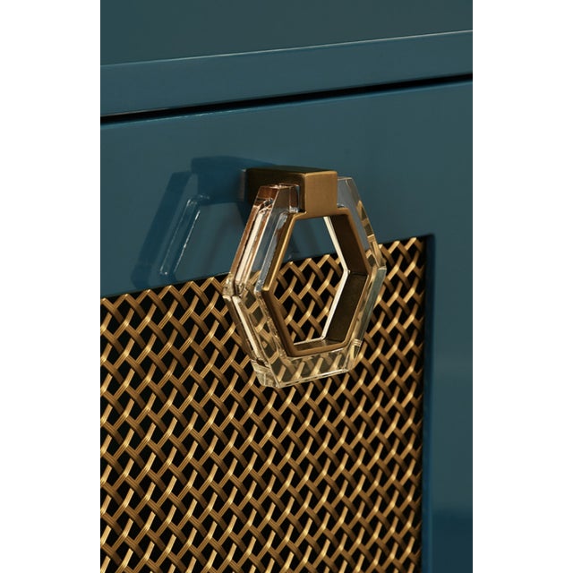 Not Yet Made - Made To Order Matthew Izzo Home Marcella Glossy Teal Lacquer Four Door Buffet With Brass Mesh Doors and Acrylic Door Pulls For Sale - Image 5 of 7