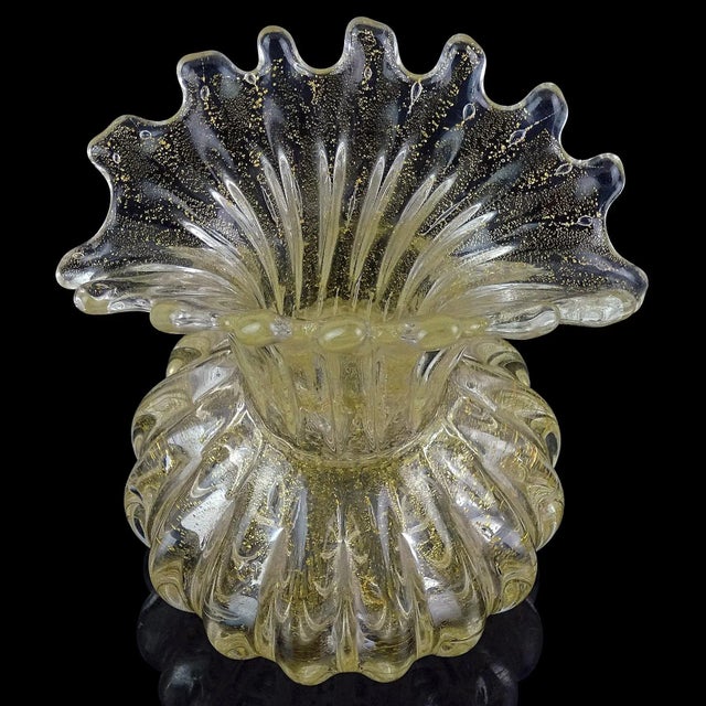 Glass Murano Vintage Clear Gold Flecks Bibbles Italian Art Glass Fan Shaped Scissor Cut Rim Flower Vase For Sale - Image 7 of 9