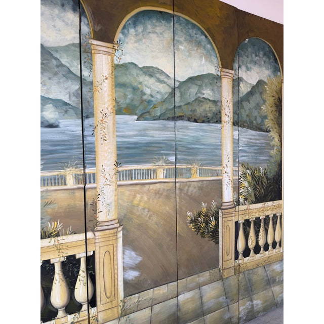 Vintage Hand-Painted Four-Panel Folding Screen – Architectural Landscape Room Divider For Sale - Image 4 of 12