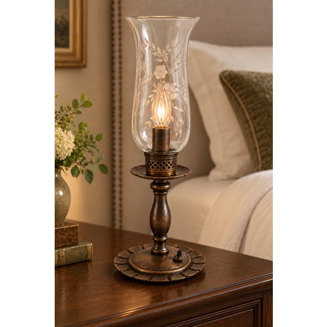 French Country Vintage Etched-Glass Hurricane Lamps in Aged Antique Bronze - a Pair For Sale - Image 3 of 5