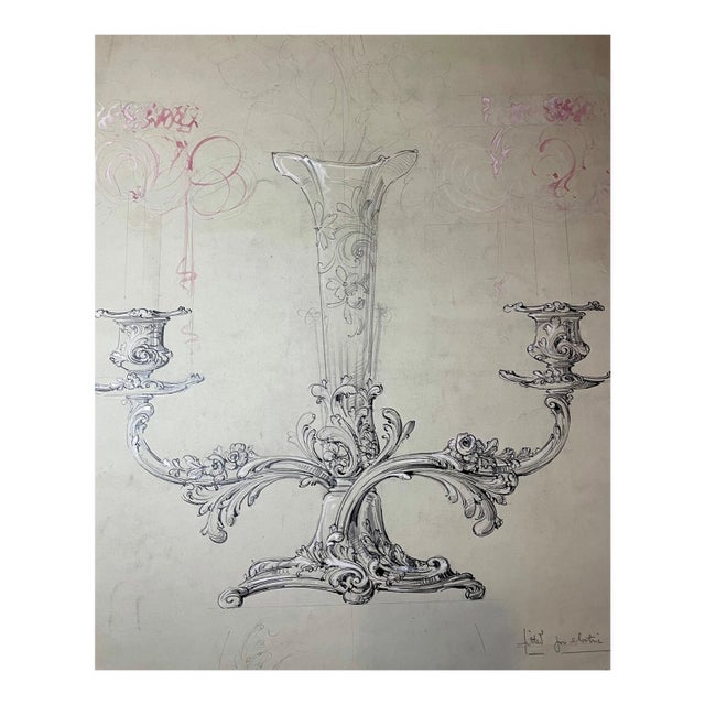 Antique 1800's Reed & Barton Original Silver Candelabra Blueprint Ink Sketch For Sale