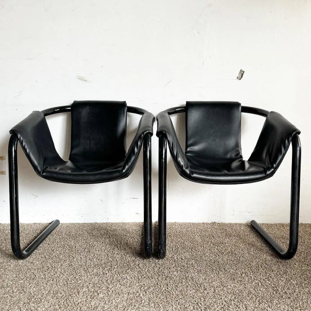 Mid-Century Modern 1970s Black Vinyl on Black Metal Zermatt Tubular Sling Chairs Vecta For Sale - Image 3 of 10