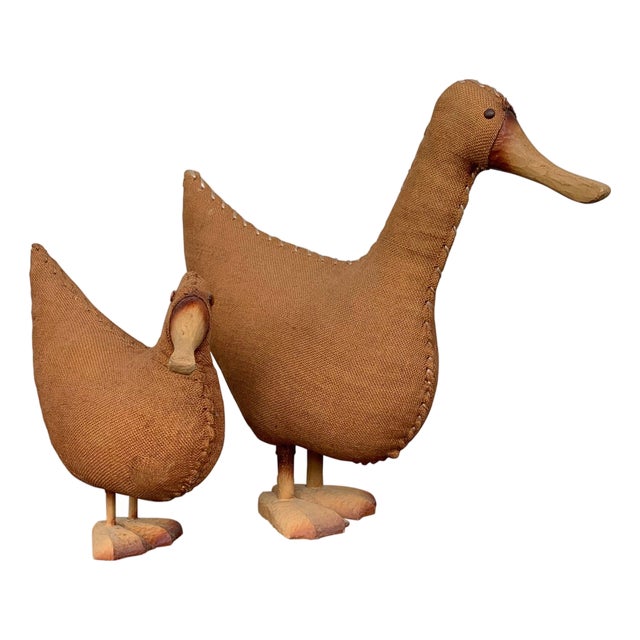 Midcentury Pair of Wicker Woven Ducks with Wood Details For Sale