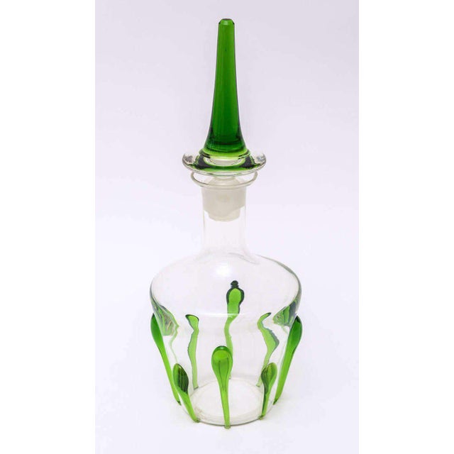 Murano Teardrop Kelly Green and Clear Glass Decanter Vintage With