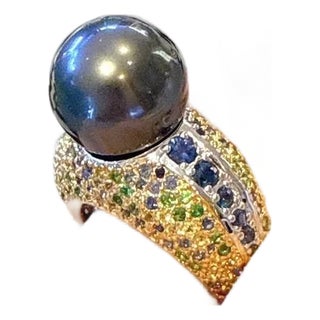 Bochic “Orient” Vintage South Sea Pearl & Fancy Blue Sapphires Ring Set 18K Gold For Sale