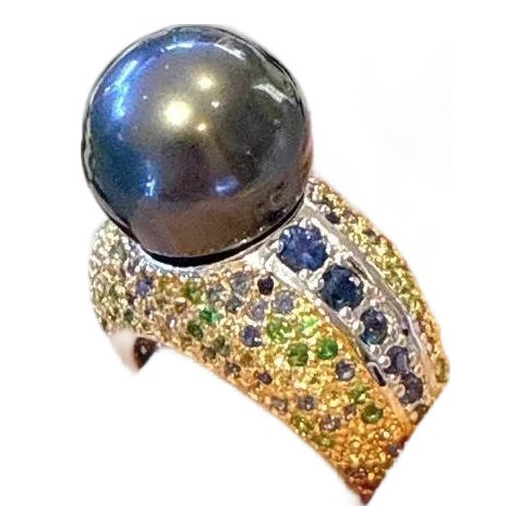 Bochic “Orient” Vintage South Sea Pearl & Fancy Blue Sapphires Ring Set 18K Gold For Sale