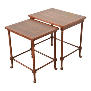 Baker Furniture English Regency Walnut and Burl Wood Parquet Top Nesting Tables, Pair For Sale