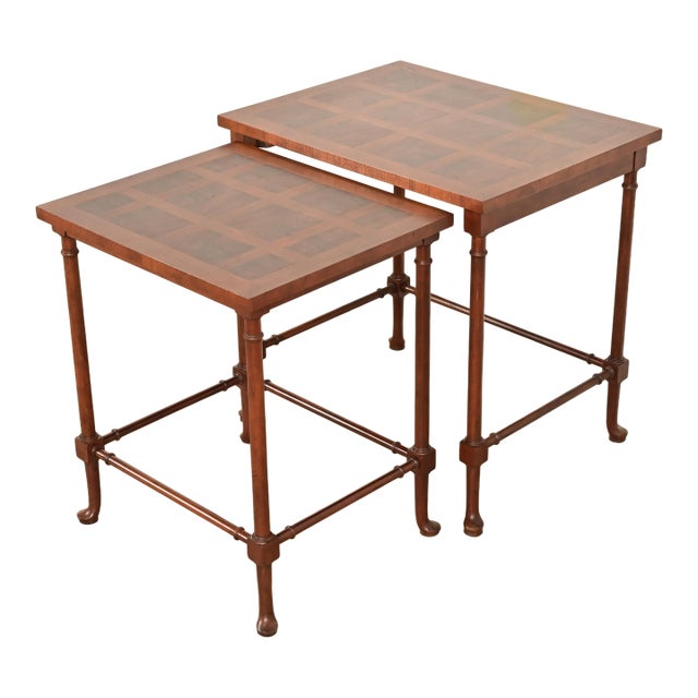 Baker Furniture English Regency Walnut and Burl Wood Parquet Top Nesting Tables, Pair For Sale