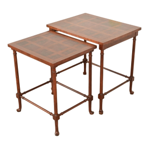 Baker Furniture English Regency Walnut and Burl Wood Parquet Top Nesting Tables, Pair