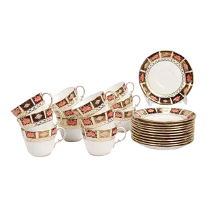 Set of 12 Royal Crown Derby Porcelain Border Imari Pattern No. 8450 Cups & Saucer