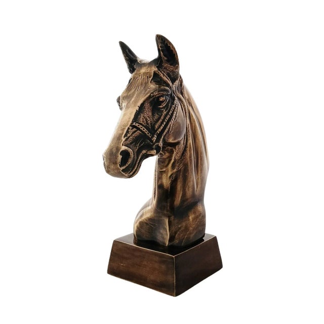 Metal Antique Brass Finish Metal Horse Bust Sculpture For Sale - Image 7 of 9