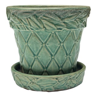 1940's McCoy Quilted Planter With Saucer Pattern #16 - Medium Aqua For Sale