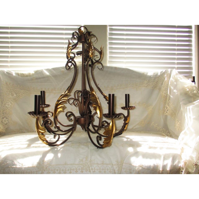 This is a GORGEOUS! Vintage Metal Toleware 5 Arm Chandelier that has a Bronze Colored Body with Fabulous Large Gold Leaves...