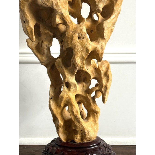 On offer is an extraordinary Chinese scholar rock of Taihu type in a vertical mushroom-cloud form. Impressive in size,...