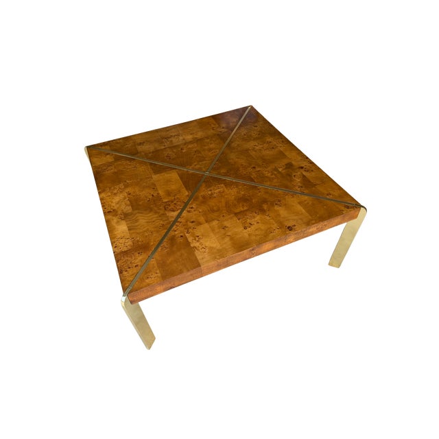 Vintage 1970s Burl Wood & Brass Coffee Table | Hollywood Regency Milo Baughman Style | Parquet Burl Cocktail Table For Sale - Image 13 of 16