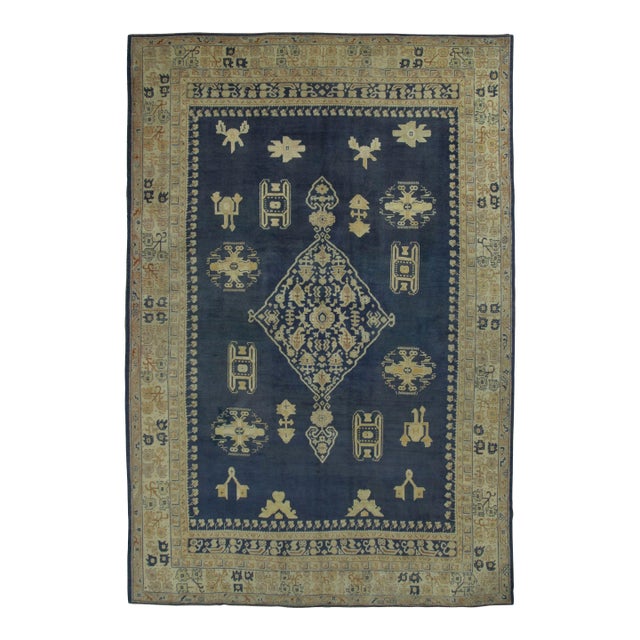 Vintage Oushak Rug in Navy Blue and Cream With Geometric Medallion - Rug & Kilim For Sale