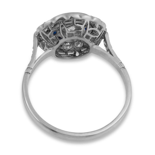 Early 20th Century Art Deco Inspired Diamond Sapphire Cluster Platinum Ring, Size 6.5 For Sale In Los Angeles - Image 6 of 6